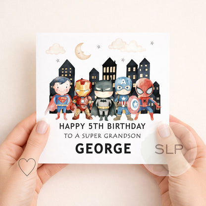 Personalised superhero birthday card with custom name, age and relationship. A fun birthday card for sons, grandsons, nephews and superhero fans.