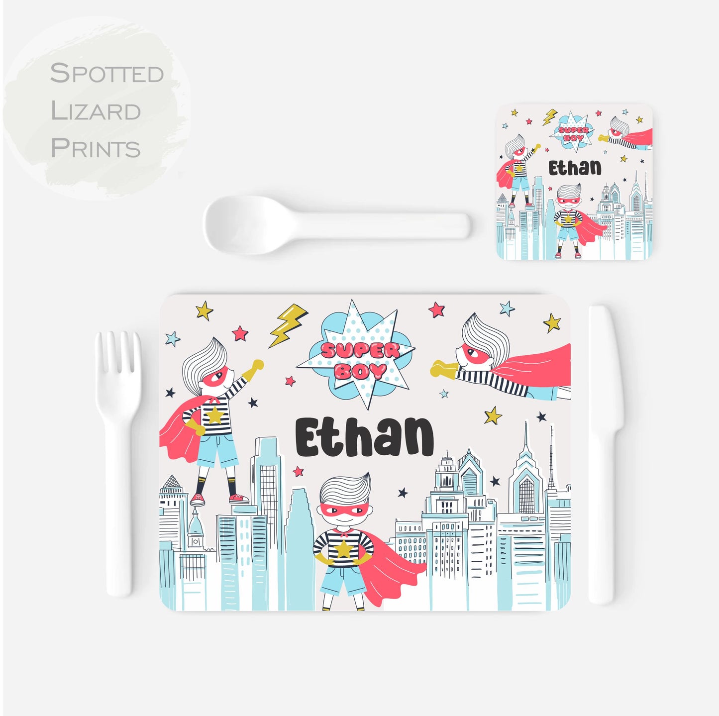 Personalised Superhero's Placemat and Coaster Set, Kid's Dinner Set, Superhero gift, Children's Birthday Gift, Superheros Placemat