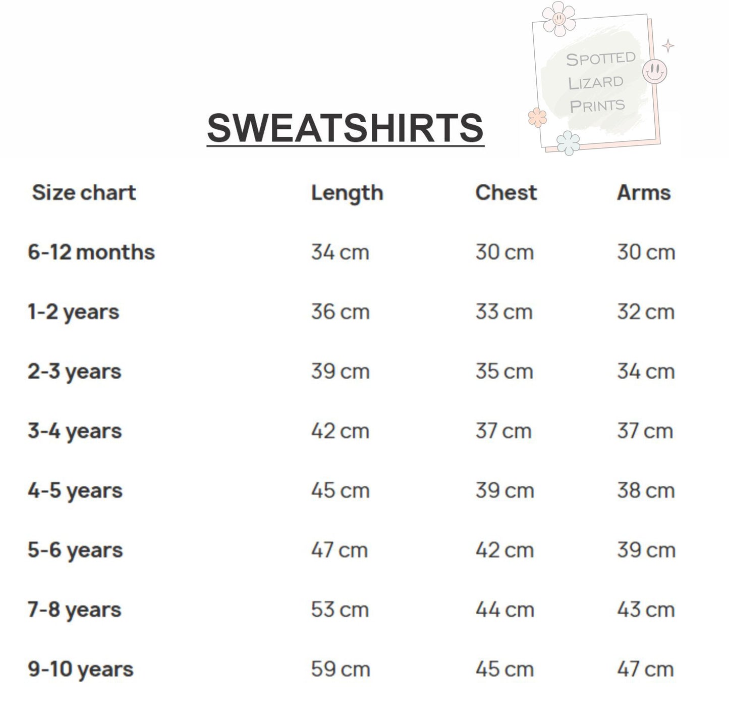 Spotted Lizard prints sweatshirt sizing chart