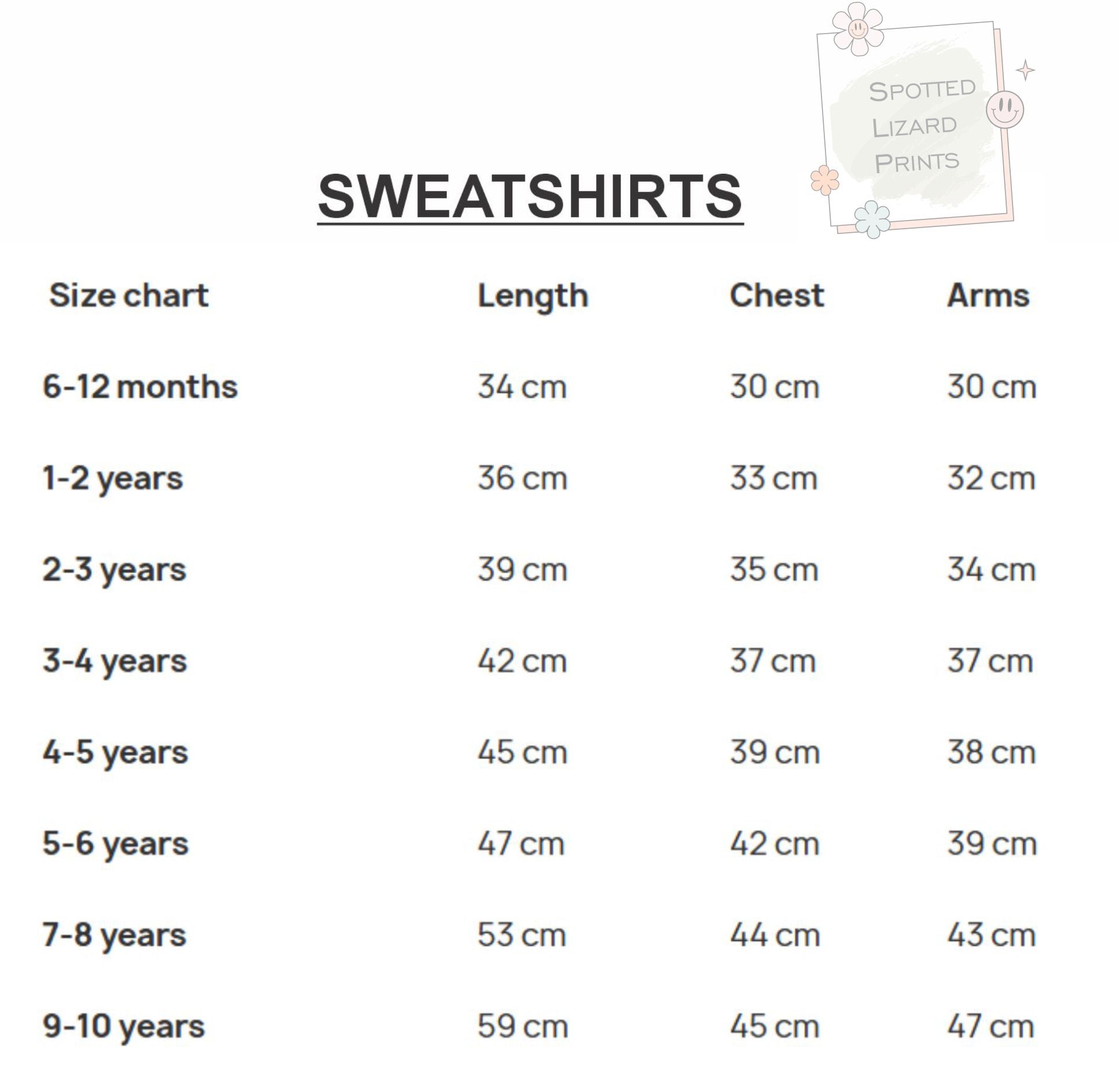 Spotted Lizard prints sweatshirt sizing chart