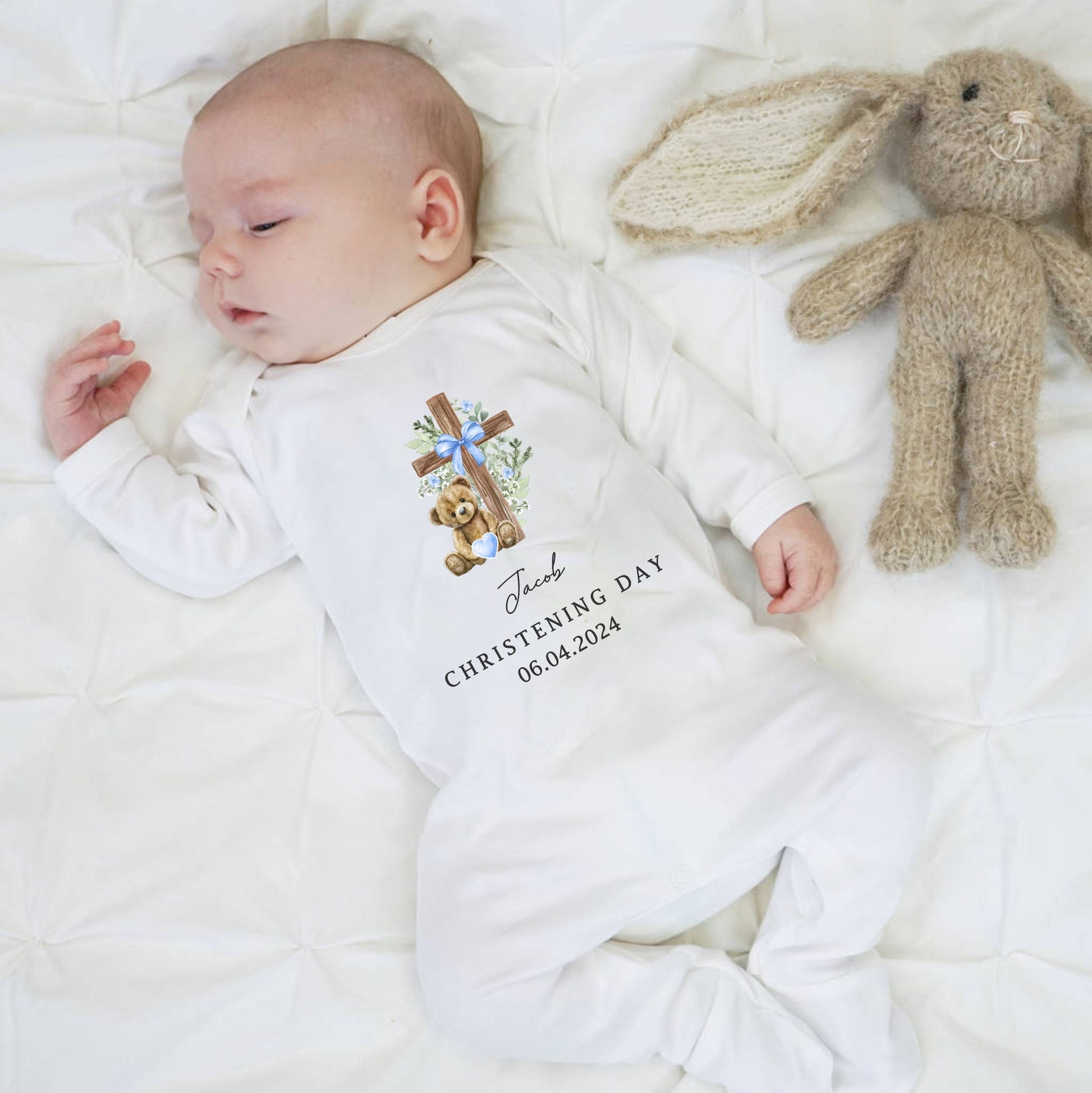 white baby clothing for christening, personalised with name