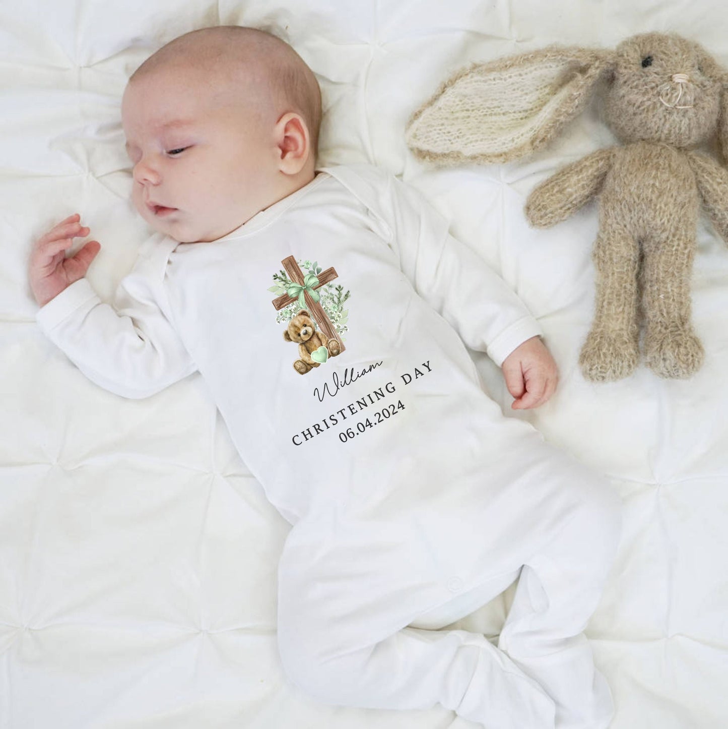 baby romper suit, personalised, white, christening day