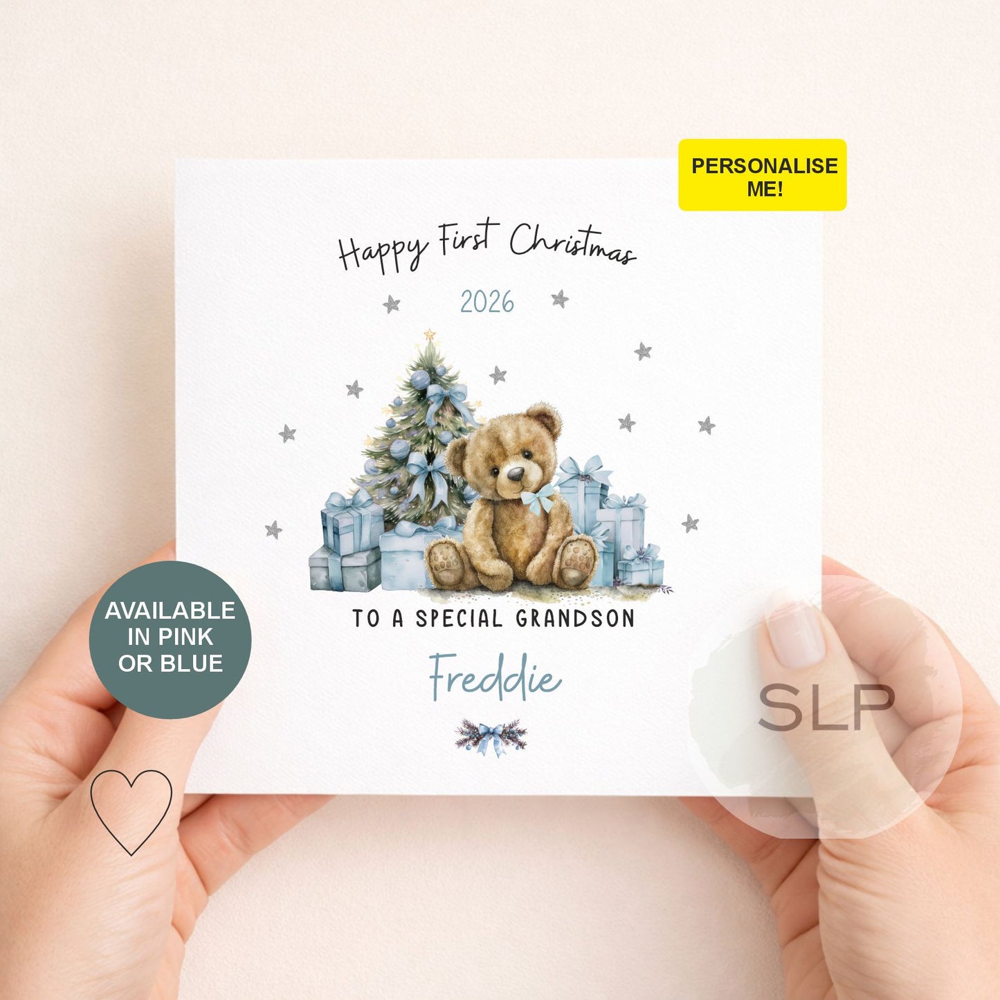 Personalised First Christmas Card | Blue Teddy Bear Card