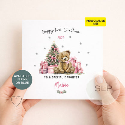 Personalised First Christmas Card | Pink Teddy Bear Card