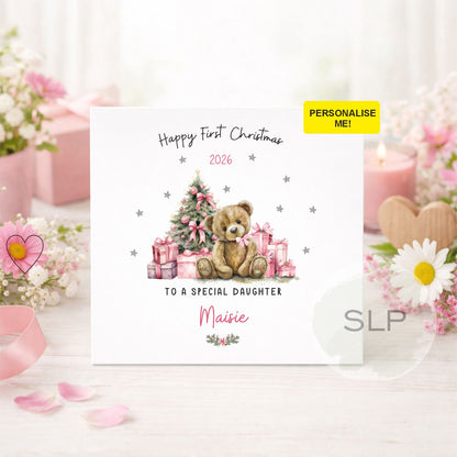 Personalised First Christmas Card | Pink Teddy Bear Card