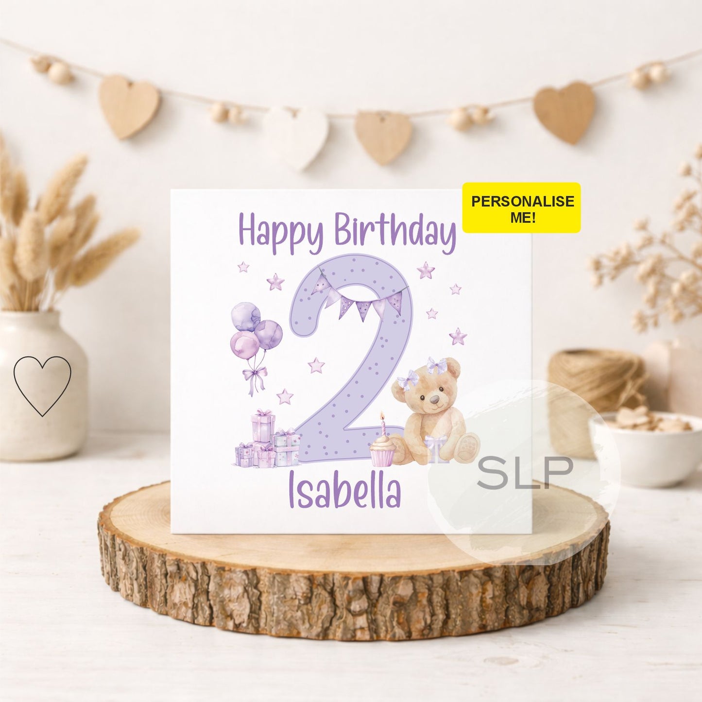Personalised 2nd Birthday Card – Teddy Bear Age 2 Card | Custom Name 2nd Birthday Girl Card | Purple Second Birthday Card