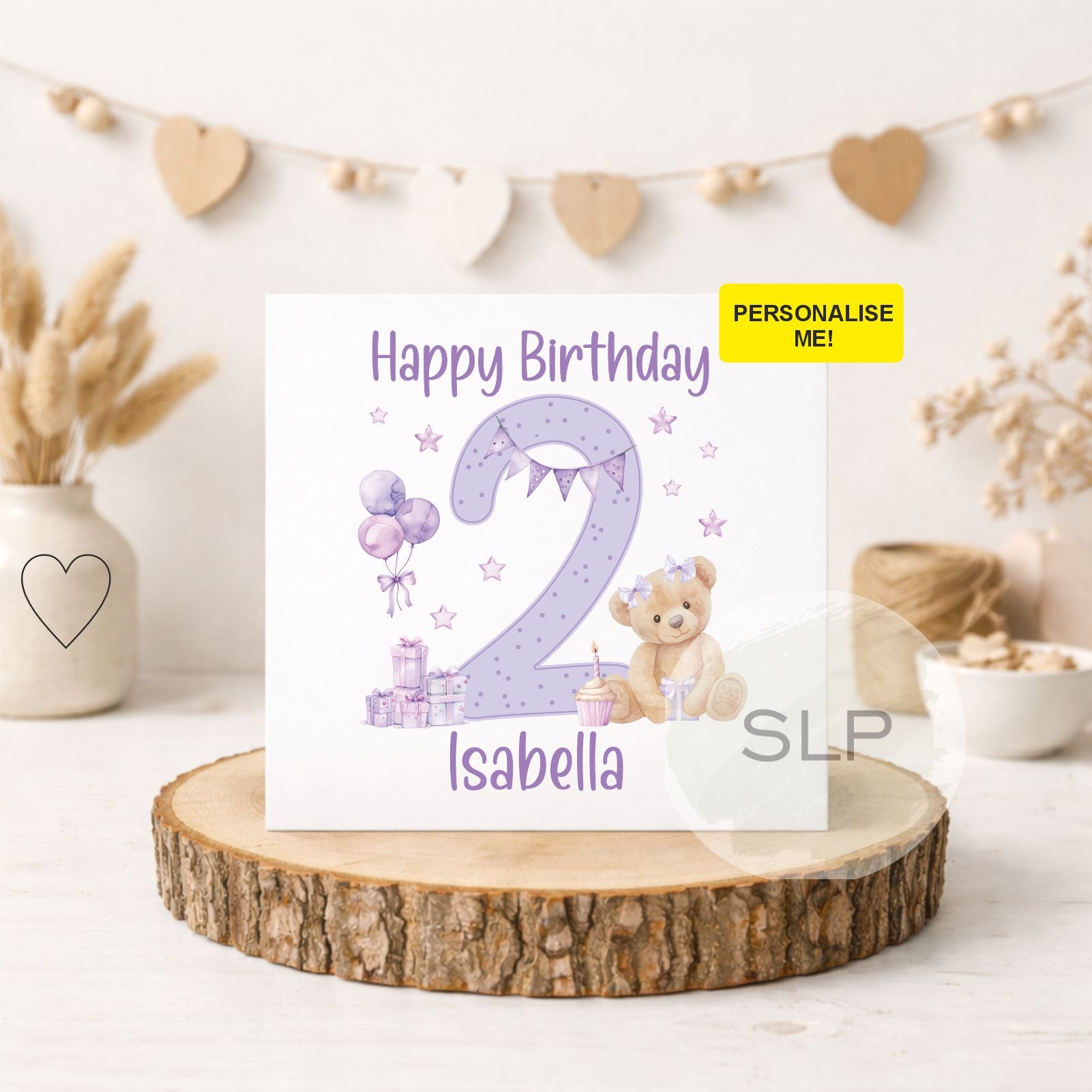 Personalised 2nd Birthday Card – Teddy Bear Age 2 Card | Custom Name 2nd Birthday Girl Card | Purple Second Birthday Card