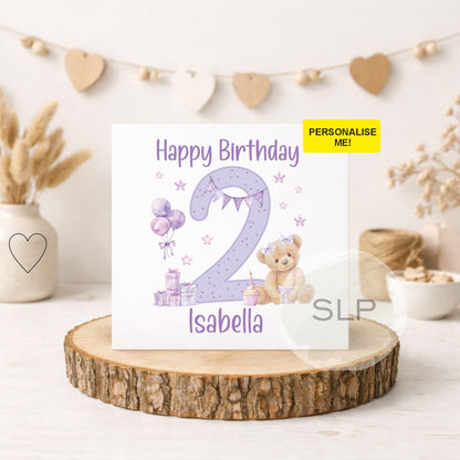Personalised 2nd Birthday Card – Teddy Bear Age 2 Card | Custom Name 2nd Birthday Girl Card | Purple Second Birthday Card