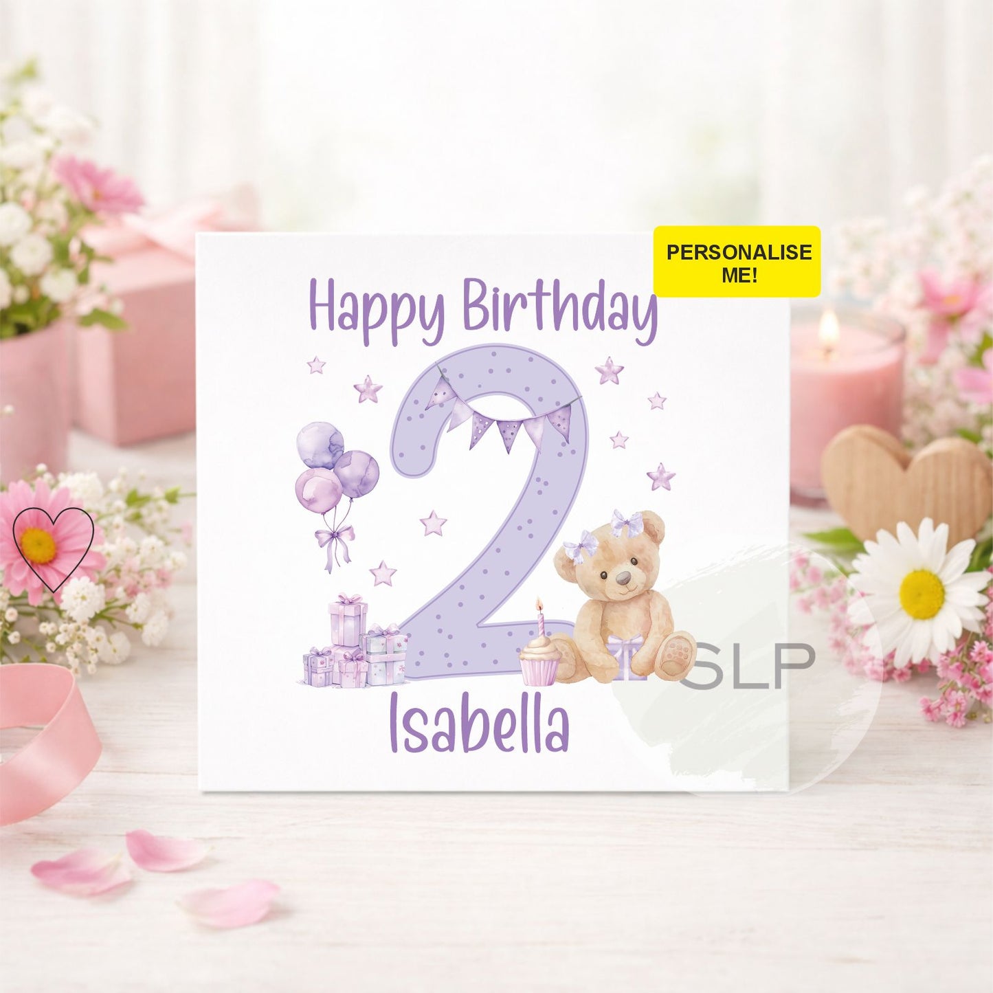 Personalised 2nd Birthday Card – Teddy Bear Age 2 Card | Custom Name 2nd Birthday Girl Card | Purple Second Birthday Card