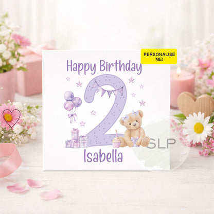 Personalised 2nd Birthday Card – Teddy Bear Age 2 Card | Custom Name 2nd Birthday Girl Card | Purple Second Birthday Card