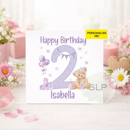 Personalised 2nd Birthday Card – Teddy Bear Age 2 Card | Custom Name 2nd Birthday Girl Card | Purple Second Birthday Card