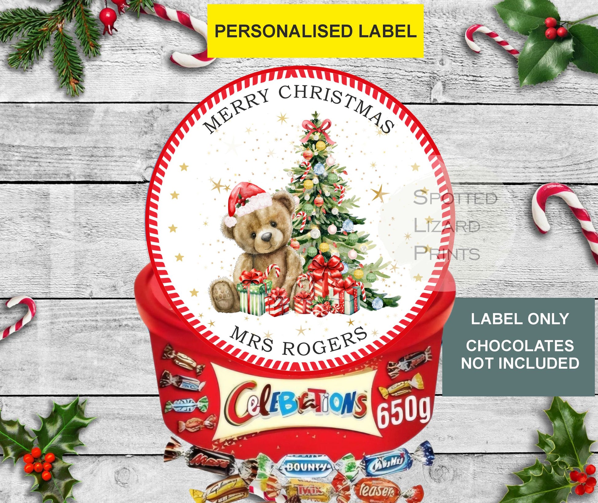 Personalised Christmas Chocolate Tub Labels, Merry Christmas Stickers