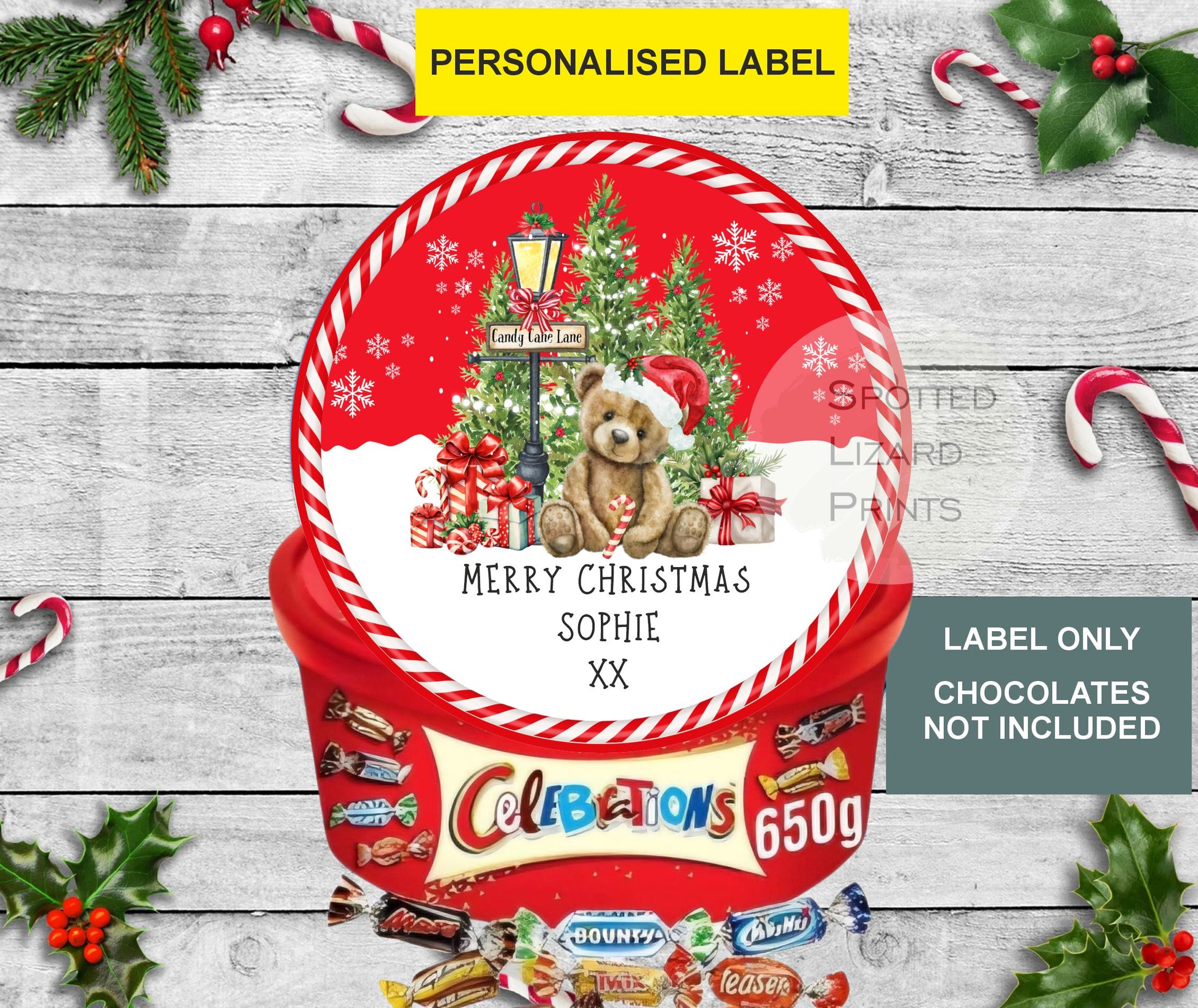 Personalised Christmas Chocolate Tub Labels, Merry Christmas Stickers