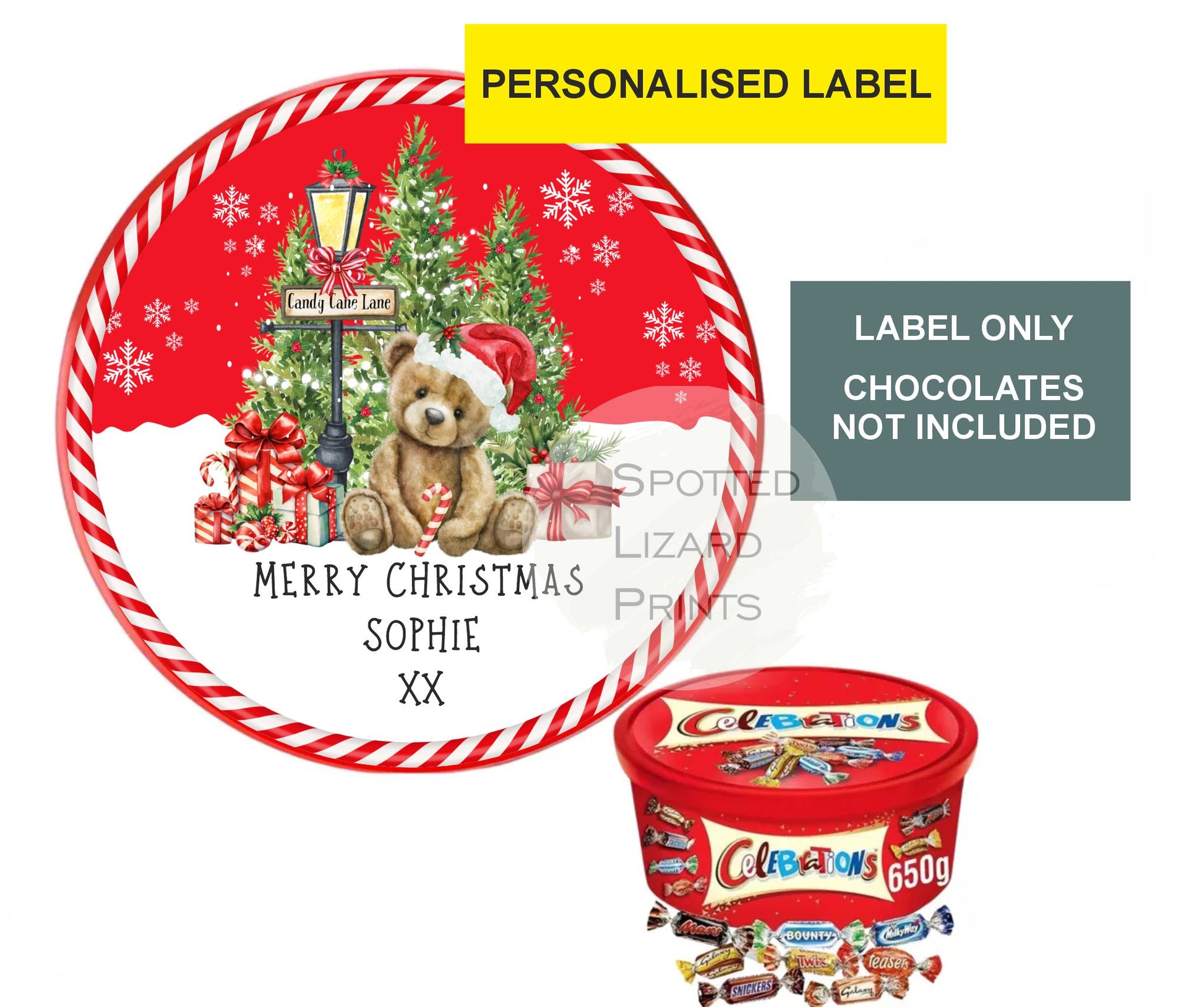 Personalised Christmas Chocolate Tub Labels, Merry Christmas Stickers
