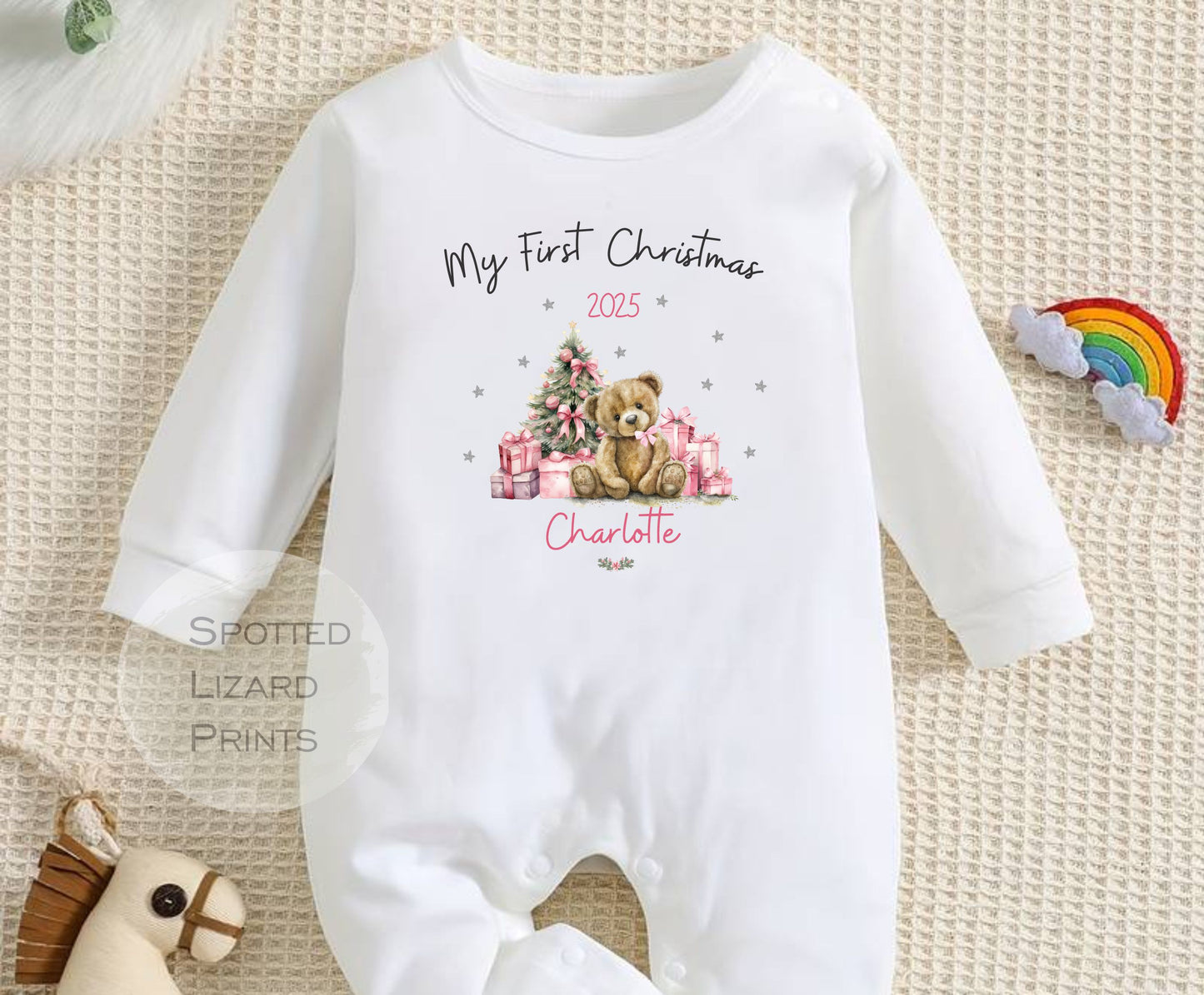 Personalised First Christmas Baby outfit- My First Christmas Sleepsuit or Vest  - Teddy PINK