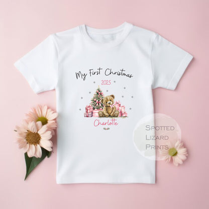 Personalised First Christmas Baby outfit- My First Christmas Sleepsuit or Vest  - Teddy PINK