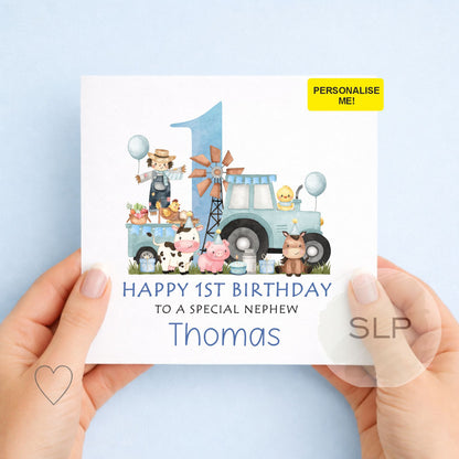 Personalised Farm Animals 1st Birthday Card, First Birthday Card For Son, Green Tractor Card Grandson Godson Nephew Boy, Farmyard Animals