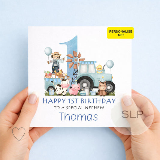 Personalised Farm Animals 1st Birthday Card, First Birthday Card For Son, Green Tractor Card Grandson Godson Nephew Boy, Farmyard Animals