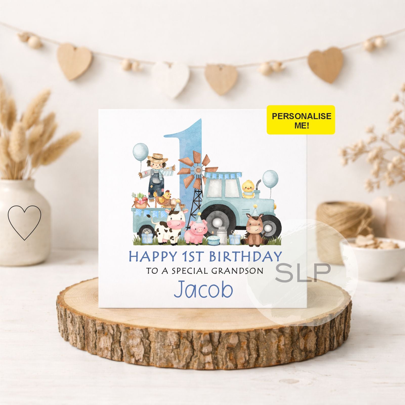 Personalised Farm Animals 1st Birthday Card, First Birthday Card For Son, Green Tractor Card Grandson Godson Nephew Boy, Farmyard Animals