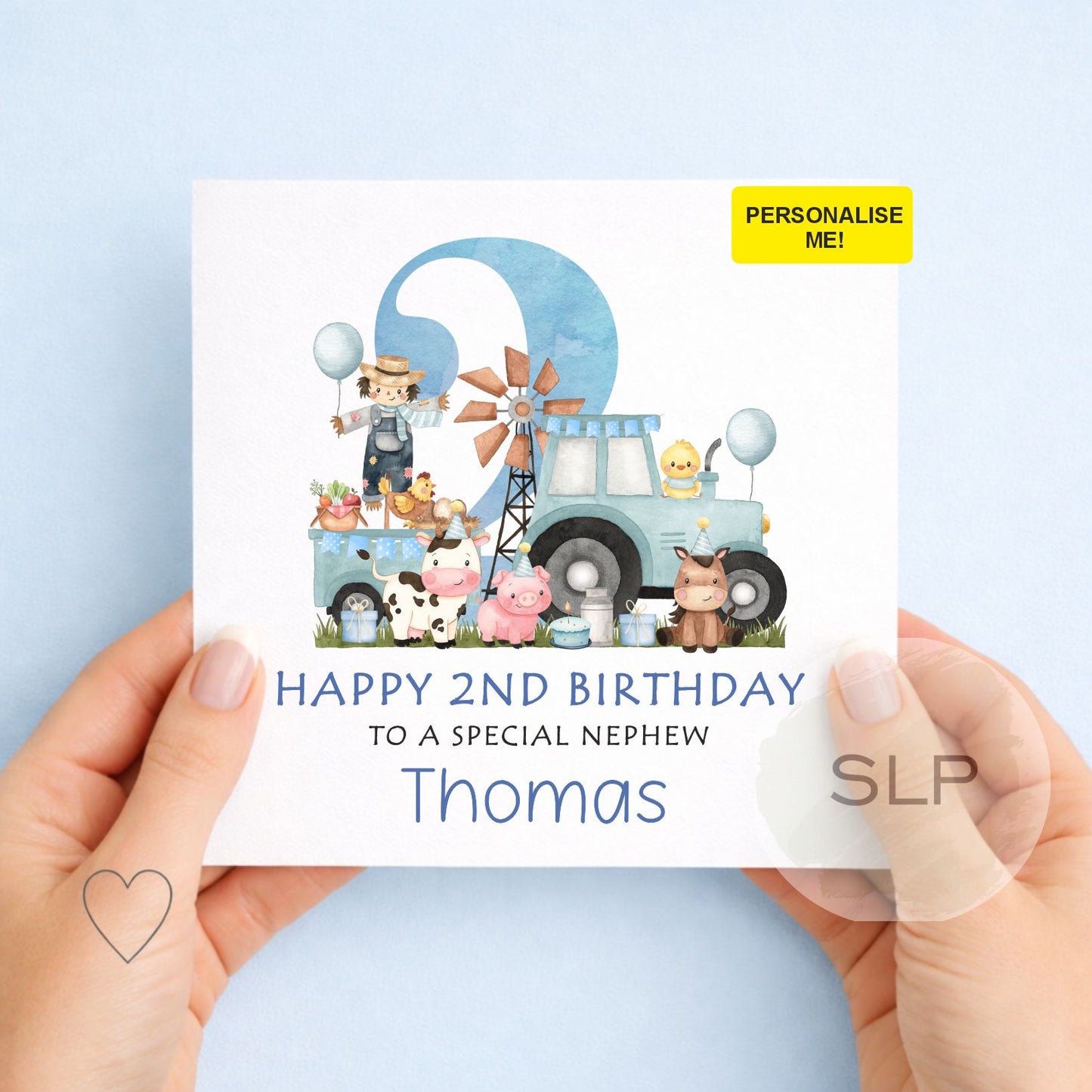 Personalised Farm Animals 2nd Birthday Card, Second Birthday Card For Son, Green Tractor Card Grandson Godson Nephew Boy, Farmyard Animals