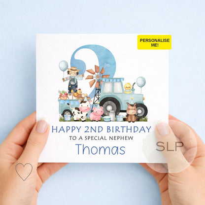 Personalised Farm Animals 2nd Birthday Card, Second Birthday Card For Son, Green Tractor Card Grandson Godson Nephew Boy, Farmyard Animals