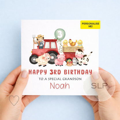 Personalised Tractor Birthday Card – Any Age – Farm Birthday Boy Card – Custom Name Son Grandson Nephew – Red Tractor Theme