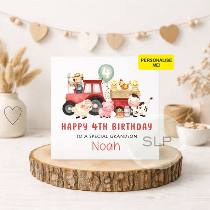 Personalised Tractor Birthday Card – Any Age – Farm Birthday Boy Card – Custom Name Son Grandson Nephew – Red Tractor Theme