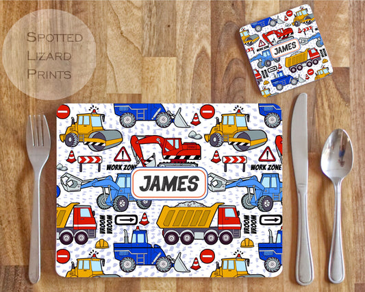 Personalised Trucks Placemat and Coaster Set, Kid's Dinner Set, Trucks gift, Children's Birthday Gift, Trucks Placemat