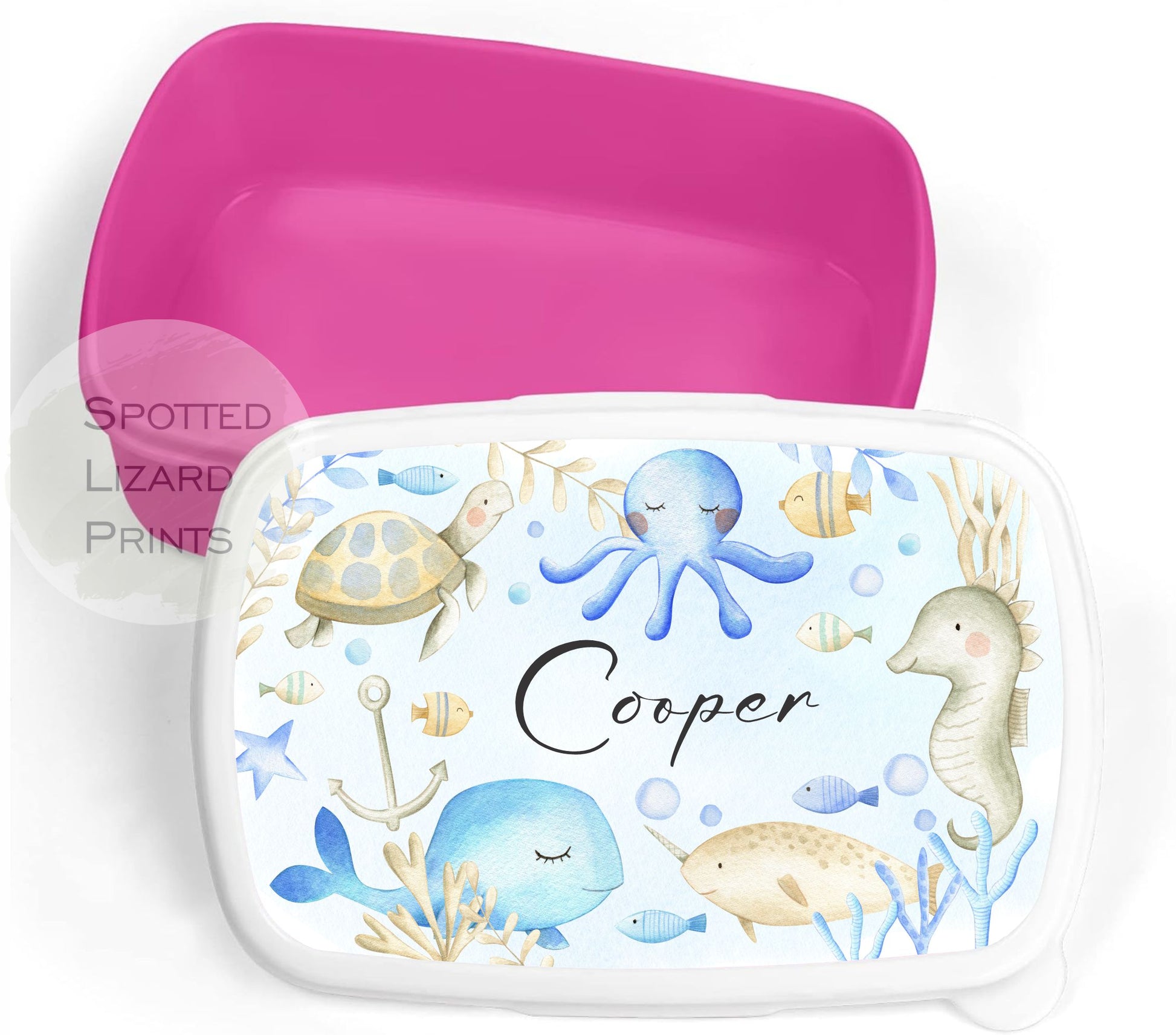 Pink Girls lunch Box. Under the sea. Personalised with a name.