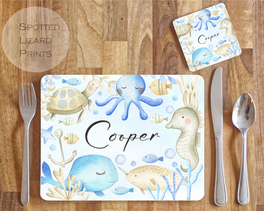 Personalised Under the Sea Placemat and Coaster Set, Kid's Dinner Set, Under the Sea gift, Children's Birthday Gift, Under water Placemat