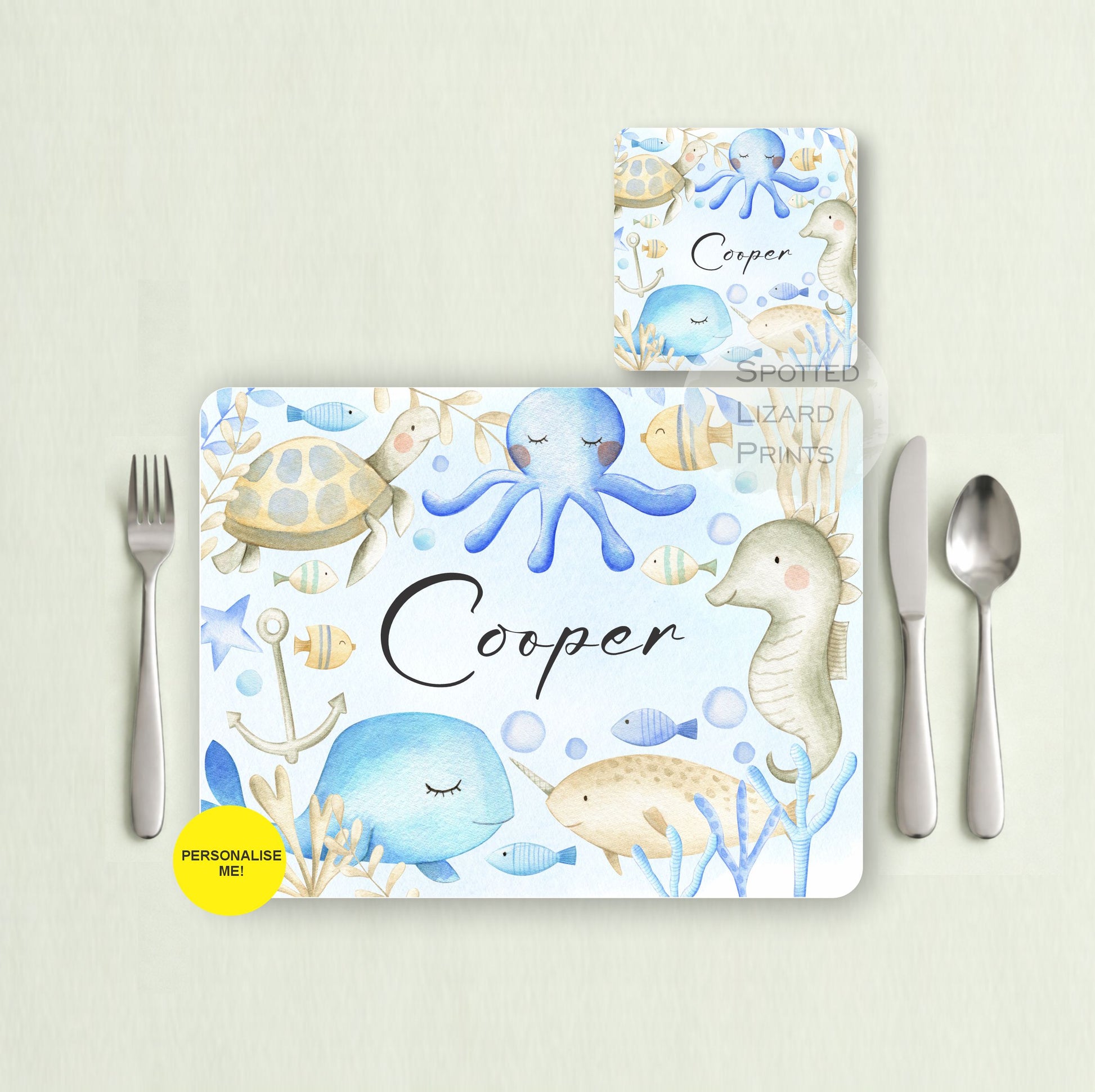 Gift for Kids - Personalised Placemat - Placemat and Coast set - Personalised Tableware - Personalised Coaster - 