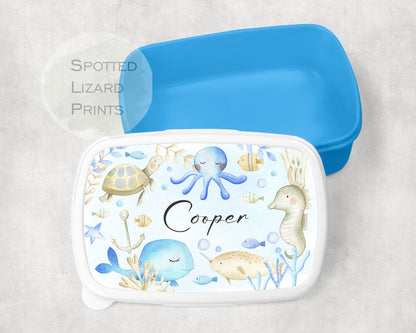 Blue Boys lunch Box. Under the sea. Personalised with a name.