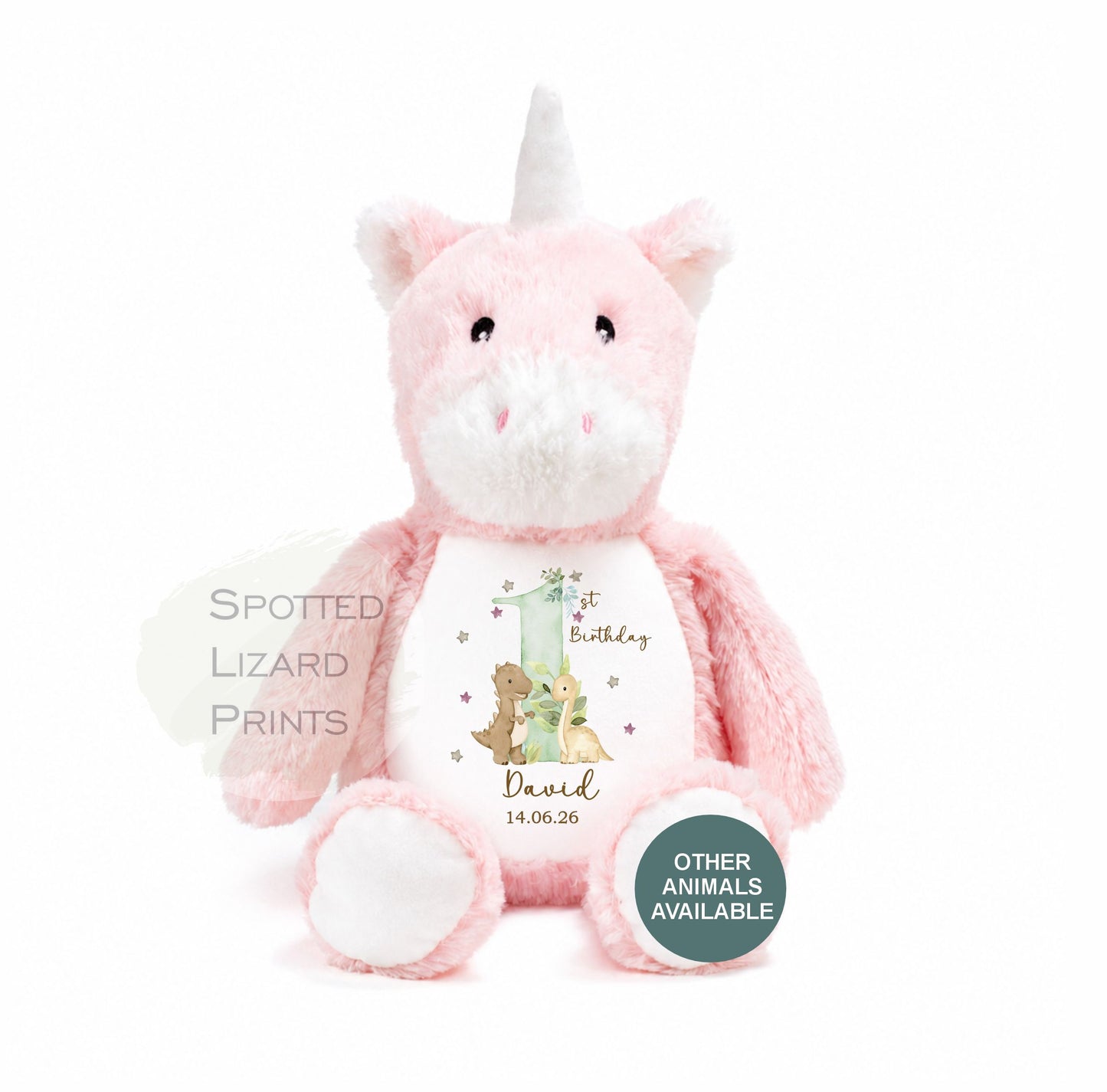 Personalised First Birthday Teddy, Soft Plush Toy Gift for Baby,, Personalised 1st Birthday Gift, 1st Birthday Gift, Dinosaur Birthday Gift
