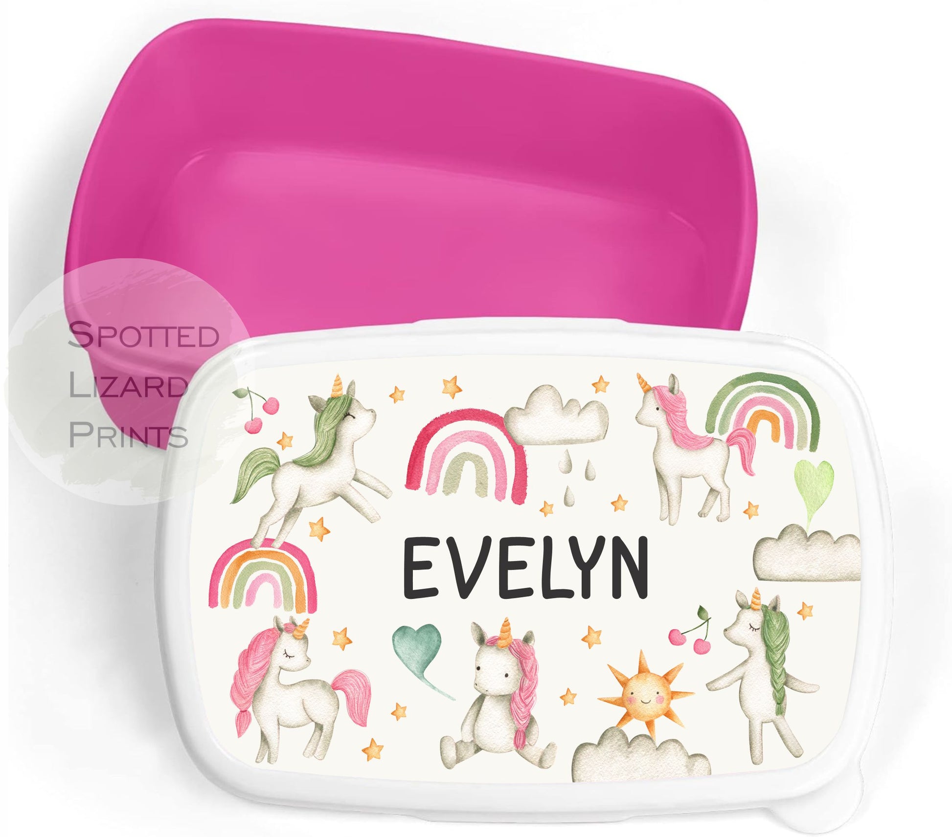 Pink Girls lunch Box. Unicorn. Personalised with a name.