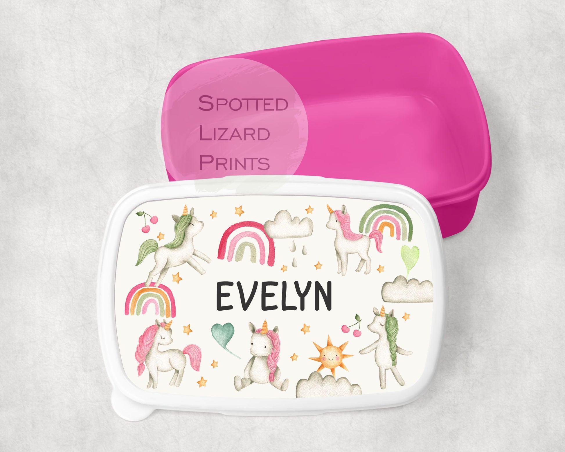 Pink Girls lunch Box. Unicorn. Personalised with a name.