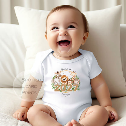 Personalised Born in 2027 Baby Outfit, Safari Animal baby grow, New Baby Arrival Rompersuit, Newborn Baby Gift Baby Grow Personalised