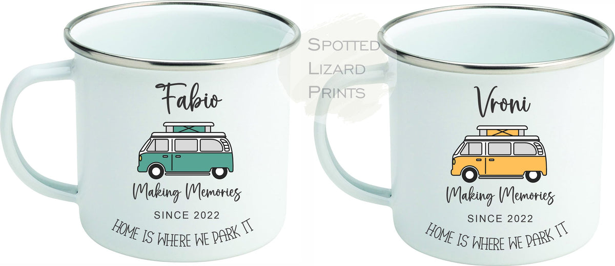 Personalised Campervan Mugs, Campervan Enamel Mug, Family Campervan mugs - Camping - Travel Mugs