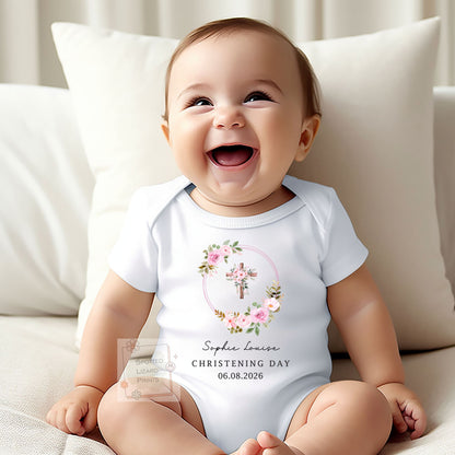 Personalised Christening Baby Vest, Christening Sleepsuit, Custom Baptism Outfit, Baby Dedication Gift, Floral Cross Baby Grow