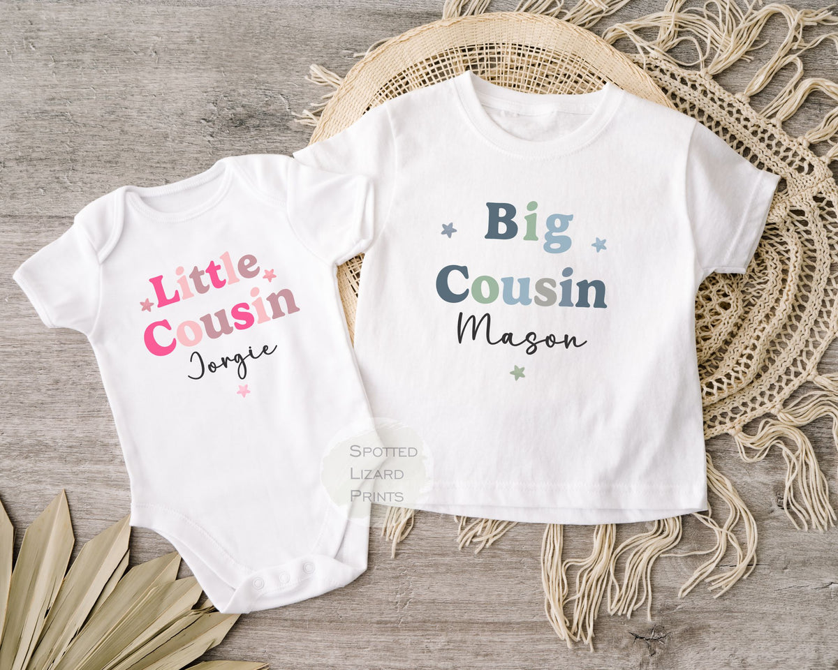 Personalised Big Cousin Little Cousin Matching Outfits | Baby Announcement | Cousin T-Shirt, Baby Vest, Sleepsuit & Bib | New Baby Gift