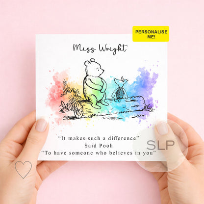 Personalised Winnie The Pooh Thank You Teacher Card, School Leavers, End Of Term, Teaching Assistant, Classic Pooh Bear, Inspirational Quote