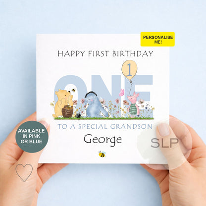 Personalised first birthday card with a cute bear and friends design. Add any name and relationship and choose from pink or blue for their special 1st birthday.