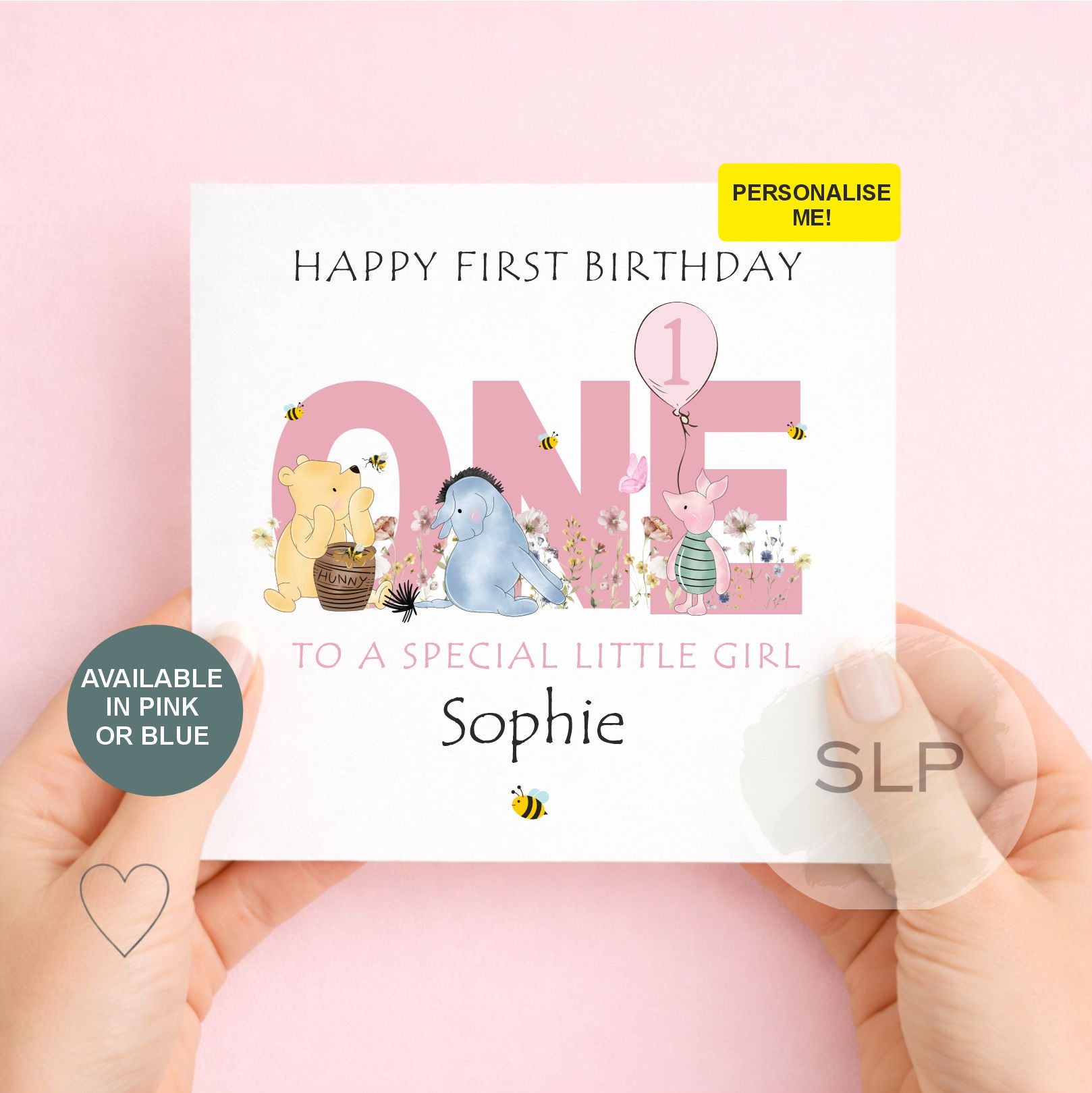 Personalised first birthday card with a cute bear and friends design. Add any name and relationship and choose from pink or blue for their special 1st birthday.