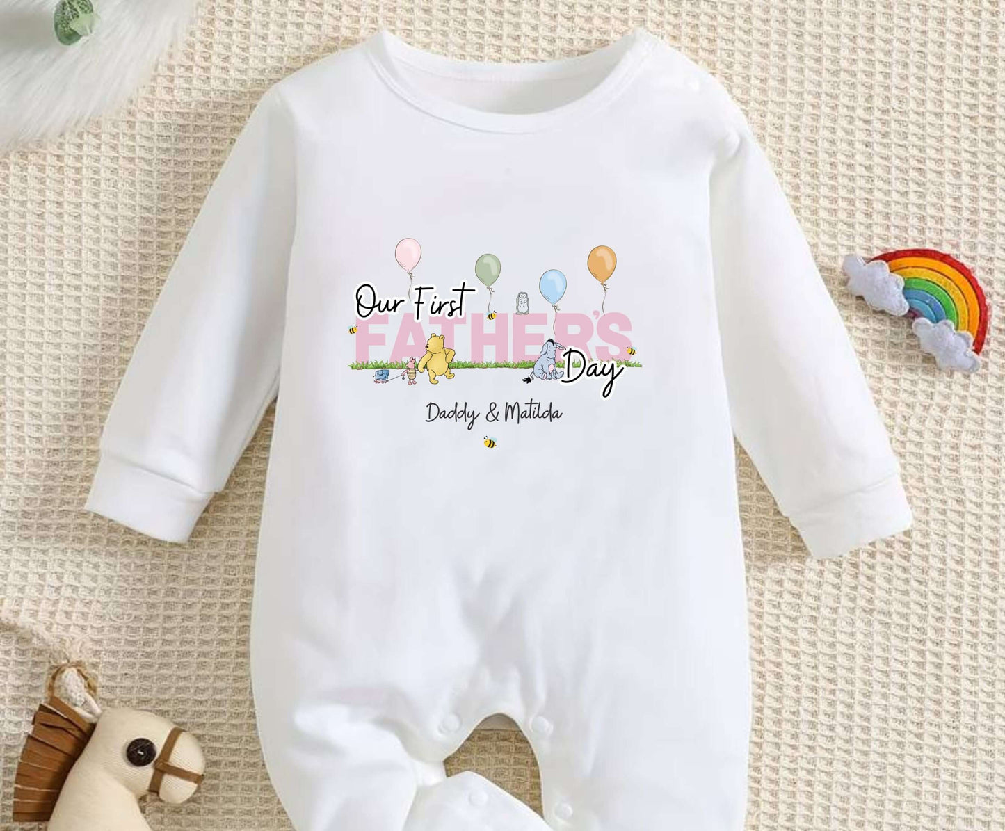 personalised white baby grow for first fathers day together