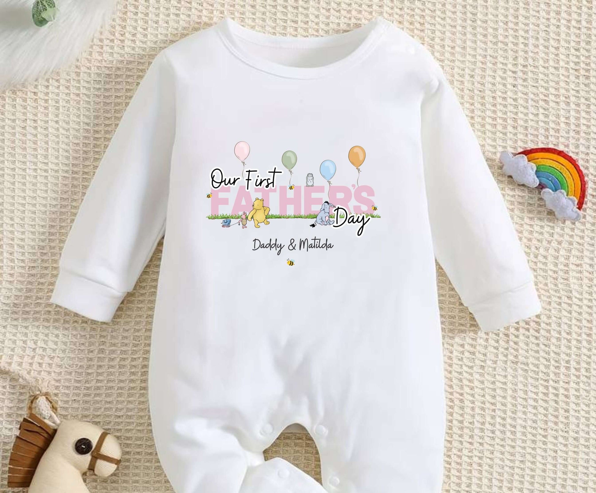 personalised white baby grow for first fathers day together