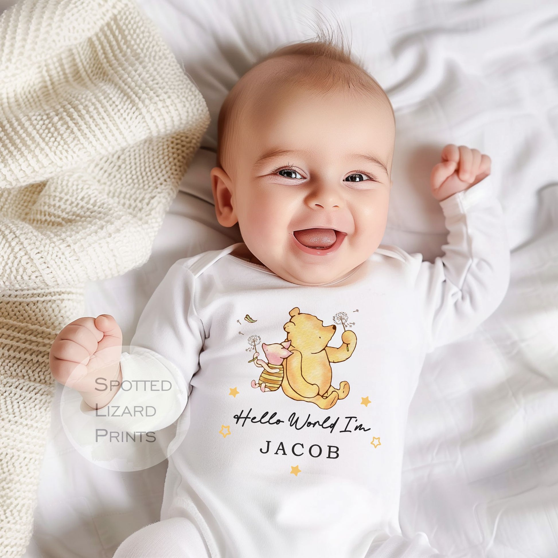 Personalised Well Hello There Classic Winnie the Pooh Baby Outfit, New Baby Coming Home outfit, Baby announcement Baby Shower Gift