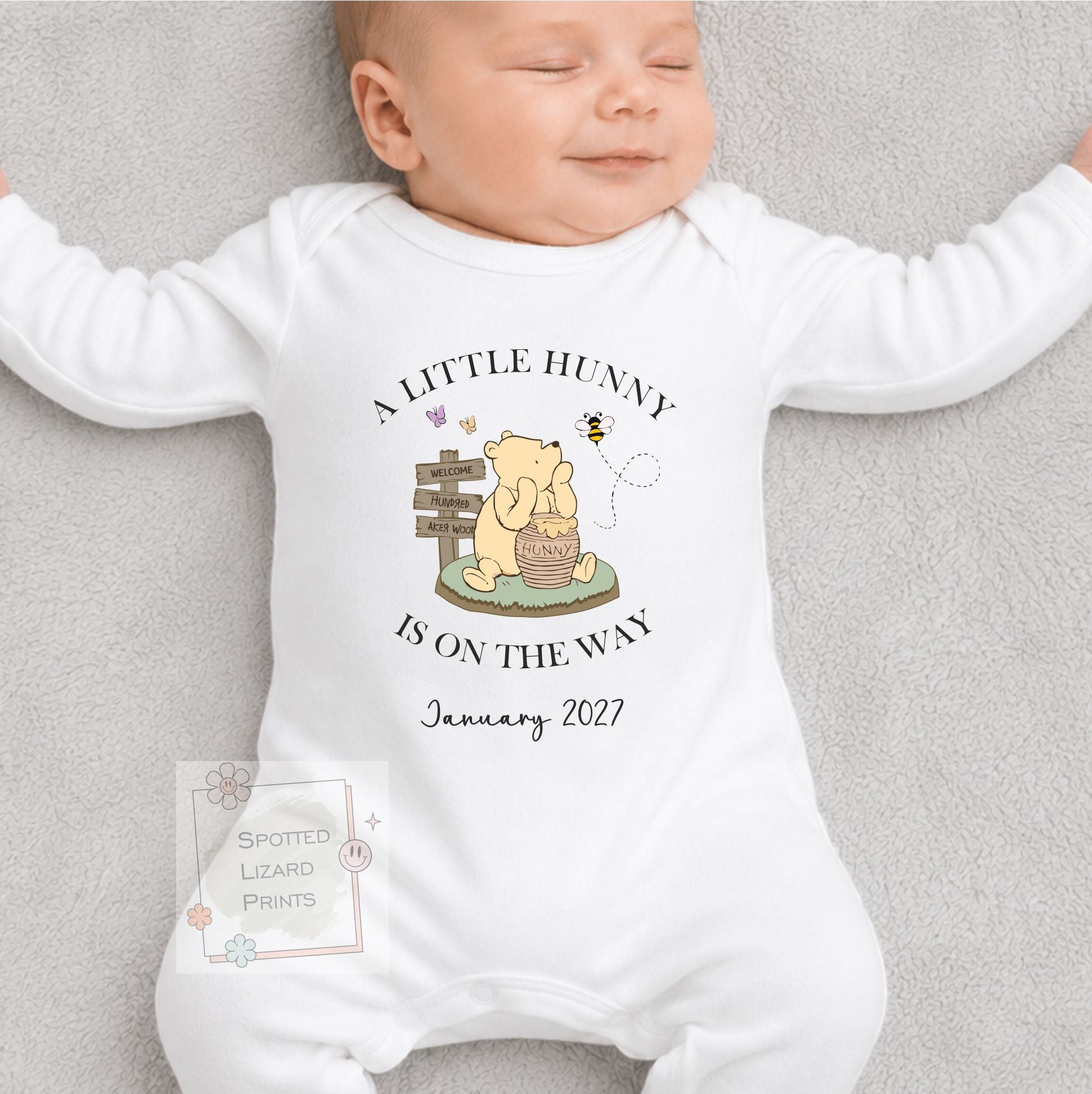 Personalised Pregnancy Announcement Baby Sleepsuit | Little Hunny Is On The Way | Custom Due Date Baby Vest | Welcome to the World