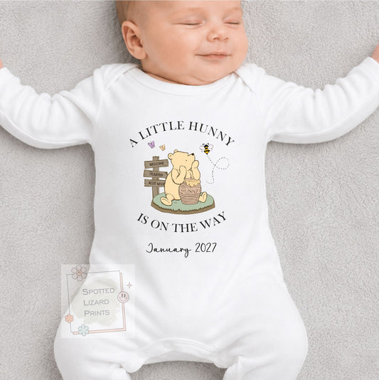Personalised Pregnancy Announcement Baby Sleepsuit | Little Hunny Is On The Way | Custom Due Date Baby Vest | Welcome to the World