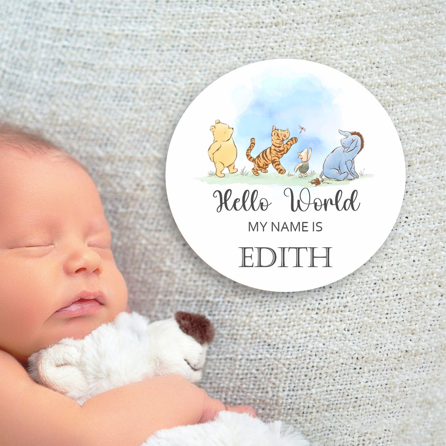 welcome to the world new baby announcement plaque personalised with winnie the pooh and friends