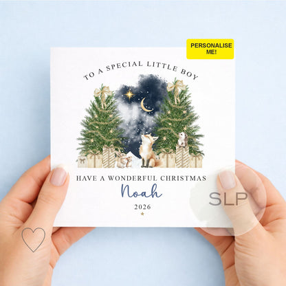 Personalised Woodland Fox Christmas Card for Boy