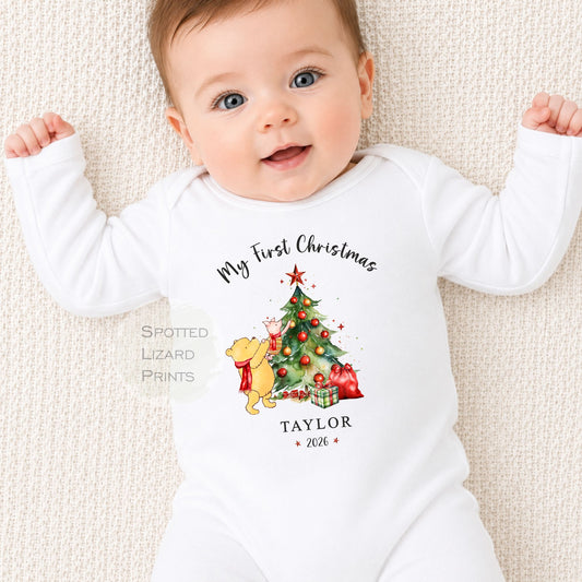 Personalised My First Christmas Baby Outfit- My First Christmas Baby Vest or Sleepsuit - 1st Xmas Winnie the Pooh